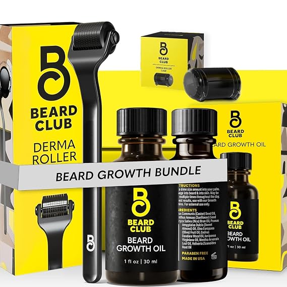 Beard Club Premium Derma Roller & Beard Growth Oil - Microneedling Roller with 540 Titanium Microneedles for Face, Body and Scalp - Beard Roller with Sandalwood & Cedar Beard Oil