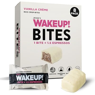 WAKE UP! Caffeinated Vanilla Creme Energy Bites - 175mg Caffeine Per Bar 1.5 Espressos - Coffee Alternative for Focus, Energy & Gym - Vegetarian, Gluten-Free, Kosher - 8 Pack