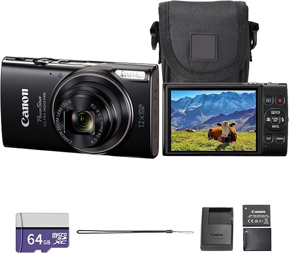 Canon PowerShot ELPH 360 HS A Digital Camera Black | 20.2MP CMOS Sensor with Built-In 12x Optical Zoom & Wi-Fi | Compact Point & Shoot for Travel & Daily Photography 7280C001 + 64GB Card + Bag +