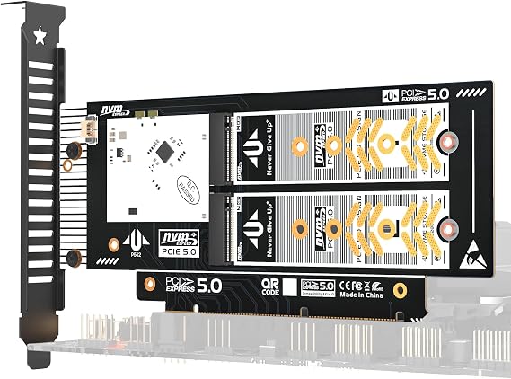 Dual NVMe PCIe 5.0 X16 Expansion Card, Supports 2 NVMe M.2 SSD 2280 up to 4TB, Raid Bandwidth 256Gbps, Bifurcation Required