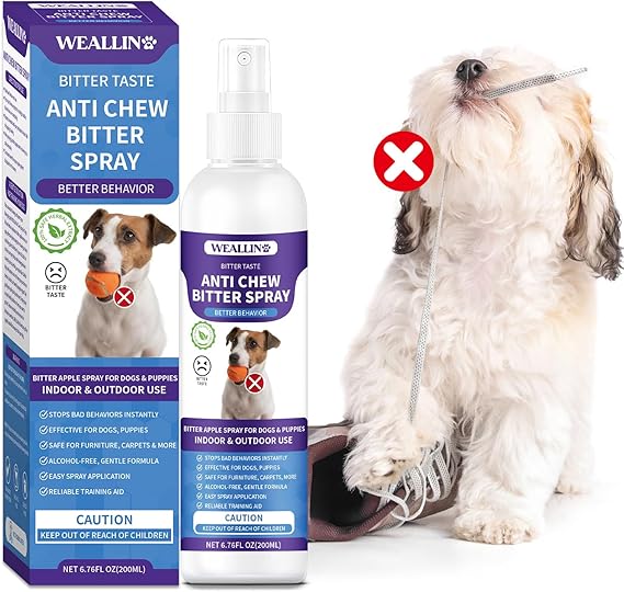WEALLIN No Chew Spray for Dogs - 6.76 Fl Oz, Bitter Apple Spray for Dogs, Dog Deterrent Spray, Stops Chewing and Licking, Protects Furniture, Prevents Wound Licking, Non-Toxic, Alcohol-Free