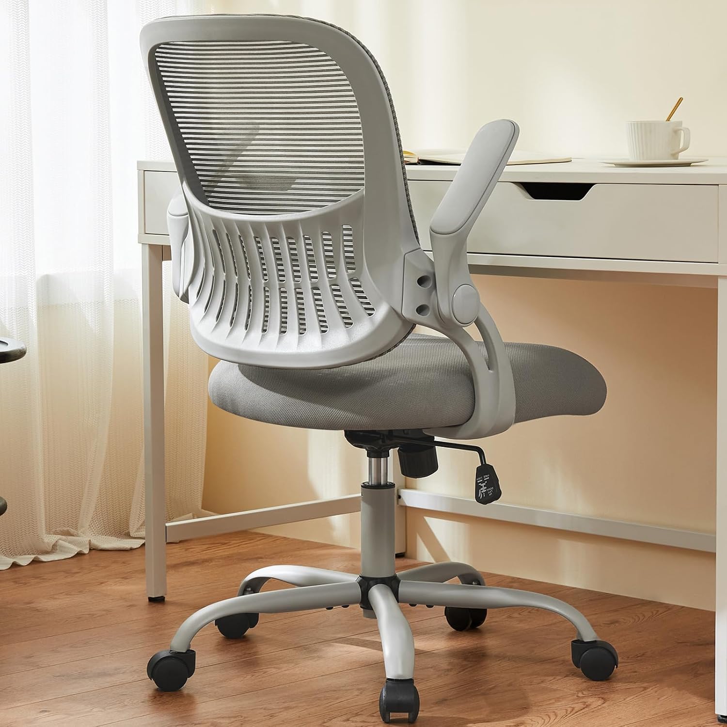 Sweetcrispy Office Computer Desk Chair Ergonomic Mid Back Mesh Rolling Work Swivel Task Chair with Wheels Comfortable Lumbar Support Comfortable Flip Up Arm for Home Bedroom Study Student Grey
