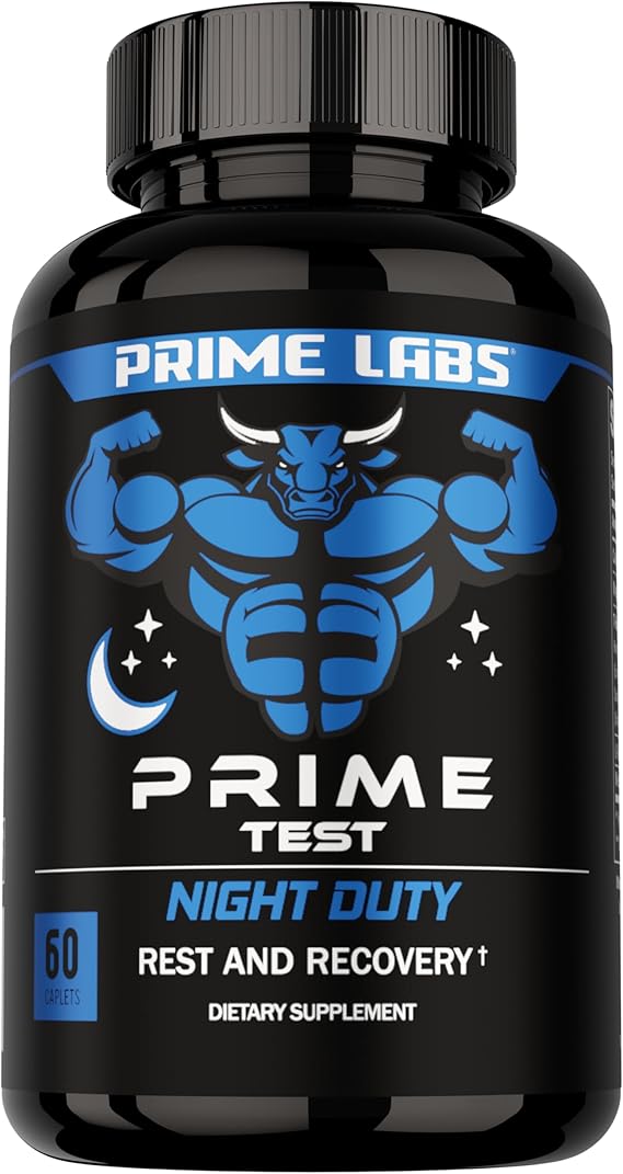 Prime Labs Prime Test Night Duty, Testosterone Booster for Men | Supports Sleep, Muscle Recovery & Testosterone, Melatonin, L-Theanine & Tongkat Ali, Made in USA, 60 Caplets