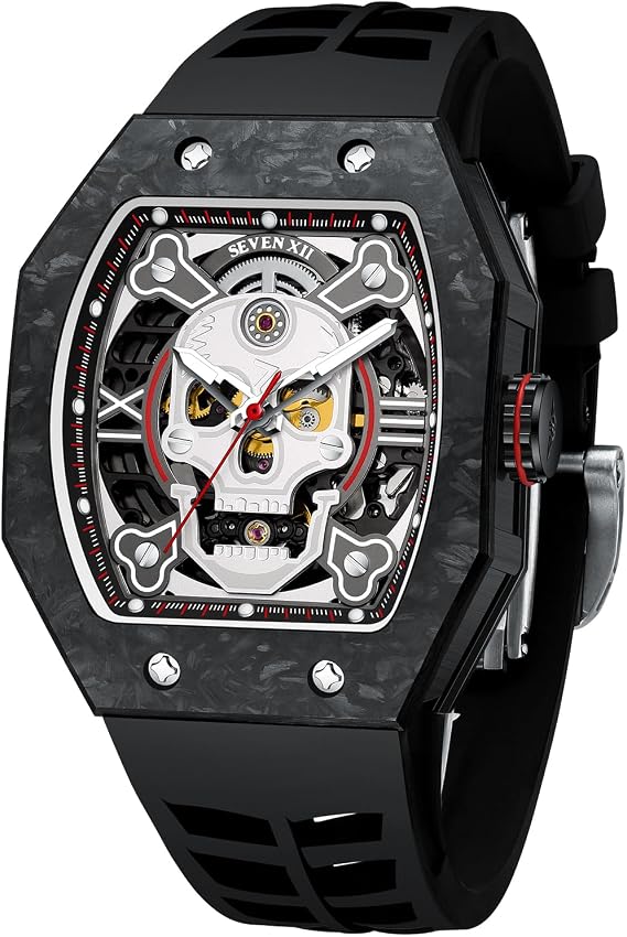 Men's Mechanical Automatic Skeleton Watch with Carbon Fiber Case, Men's Barrel Shaped Tonneau Watch with Luminous Dial, Waterproof, Luxury Gents Watch Popular, Black