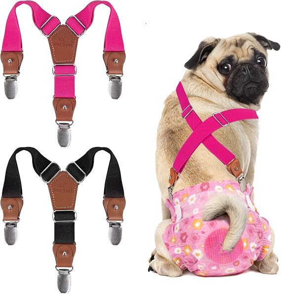 Pet Soft Dog Suspenders 2 Pieces Female Dog Diaper Suspenders for Dogs Diaper Keeper Suspender for Skirt, Dress, Diapers (Black & Pink, XS/S)