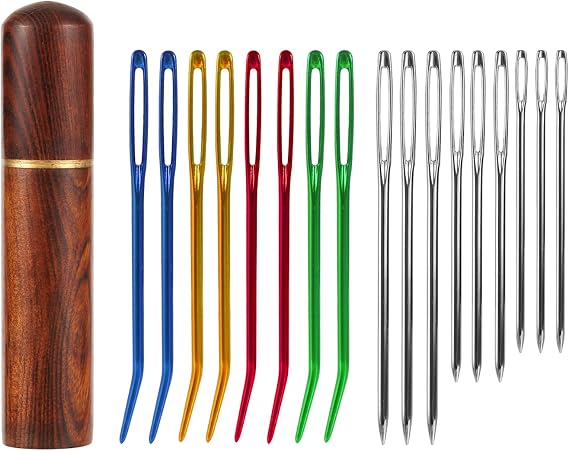 17pcs Large Eye Sewing Needles Kit, Stainless Steel Large-Eye Blunt Needles & Bent Tapestry Needles, Sharp Tapestry Needles Hand Knitting Needles with Wooden Needle Case for Crochet Projects