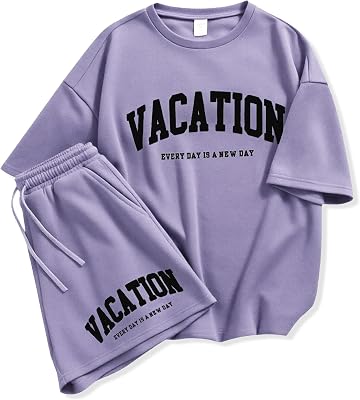 Size 6-12 Years Girls Tracksuit Sets 2 Piece Outfits Letter Print Vacation Tee Top and Drawstring Waist Shorts