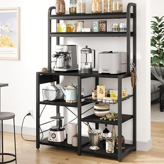 Bakers Rack with Storage Cabinet, 6-Tier Microwave Stand with Power Outlets, Small Kitchen Cabinet, for Kitchen, Dining Room