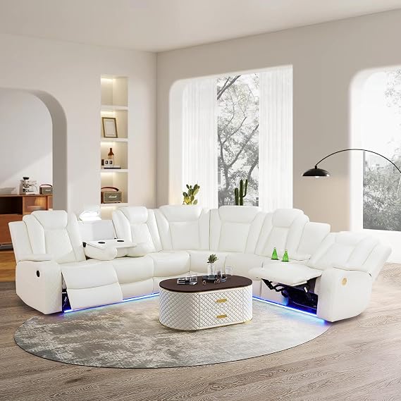 Power Reclining Sectional Sofa, Living Room Furniture Set with USB Chargers and Storage Console, Leather Recliner Sofa for Living Room/Apartment/Office/Home Theather (Creamy)