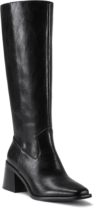 Knee High Boots for Women, Squared Toe Chunky Heel Tall Boots