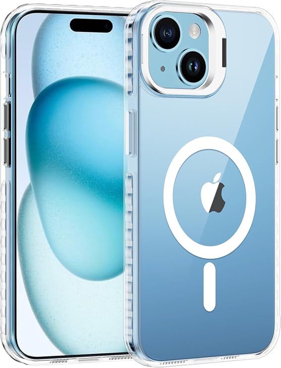 for iPhone 15 Clear Case with Stand, Compatible with MagSafe, Heavy Duty Drop Protection, Full Body Shockproof Magnetic Protective Phone Cover for Apple iPhone 15 (Clear Magnetic)
