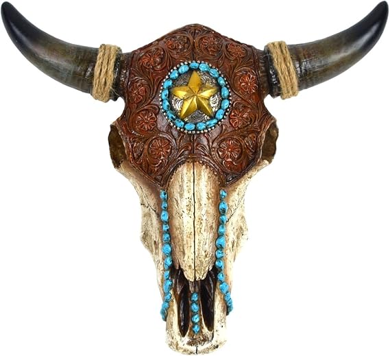 TG,LLC Resin & Leather Steer Skull & Horns Wall Mount Bull or Cow Head Western Star Home Decor