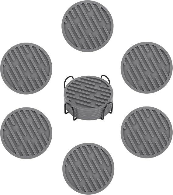 Silicone Coasters Set of 6, Drink Coasters with Holder, for Coffee Table, Office Desk, Cup Mat Set, Cup Coaster, Non-Slip and Non-Stick, 4 Inch - Gray