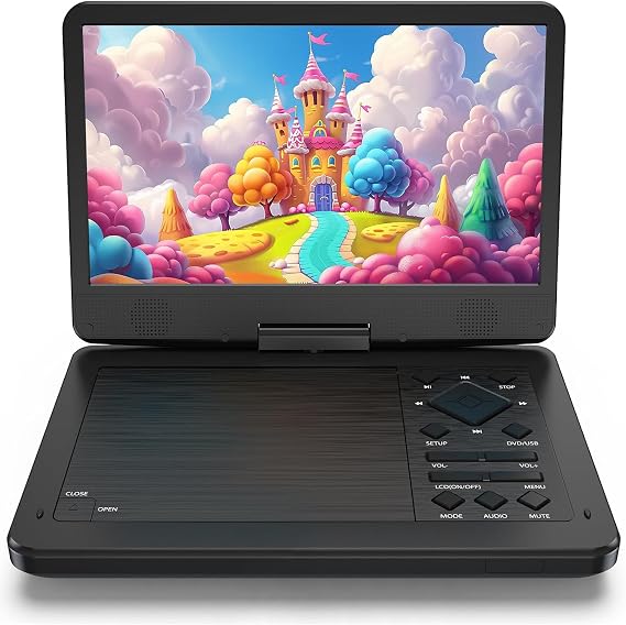 12.5" Portable DVD Player with10.1 HD IPS Screen for Kids,Car DVD Player with Headrest Mount, 360 RF Remote Control, 2 Earphone Jacks, 5h Battery, Support CD/DVD/SD Card/USB,Region Free [Black]