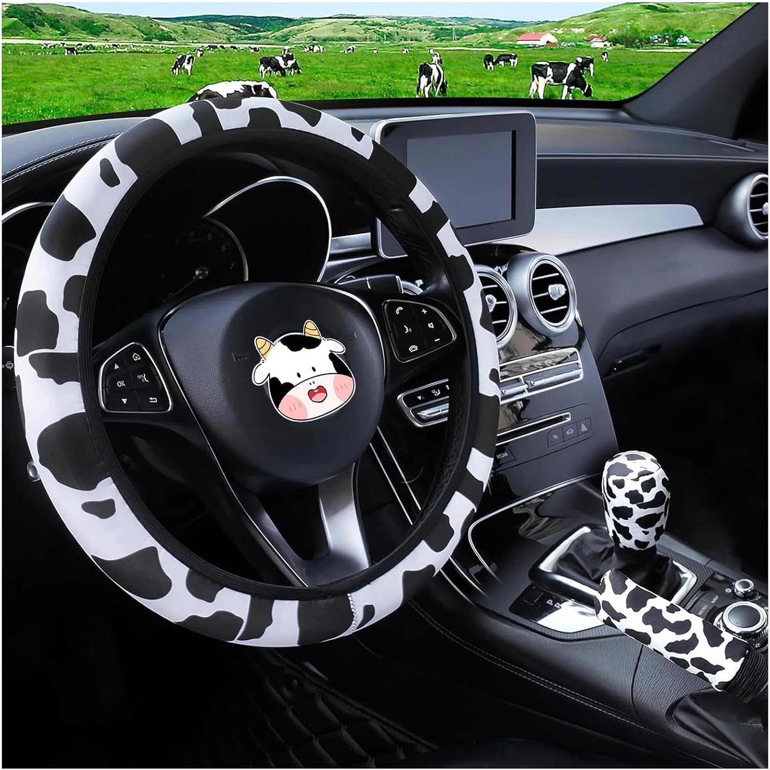 SuperKaKa 3PCS Cute Print Steering Wheel Cover,Auto Cute Slip-Proof Breathable Shift Gear & Hand Brake Covers Universal Car Interior Accessories for Women Men Cow Print Black
