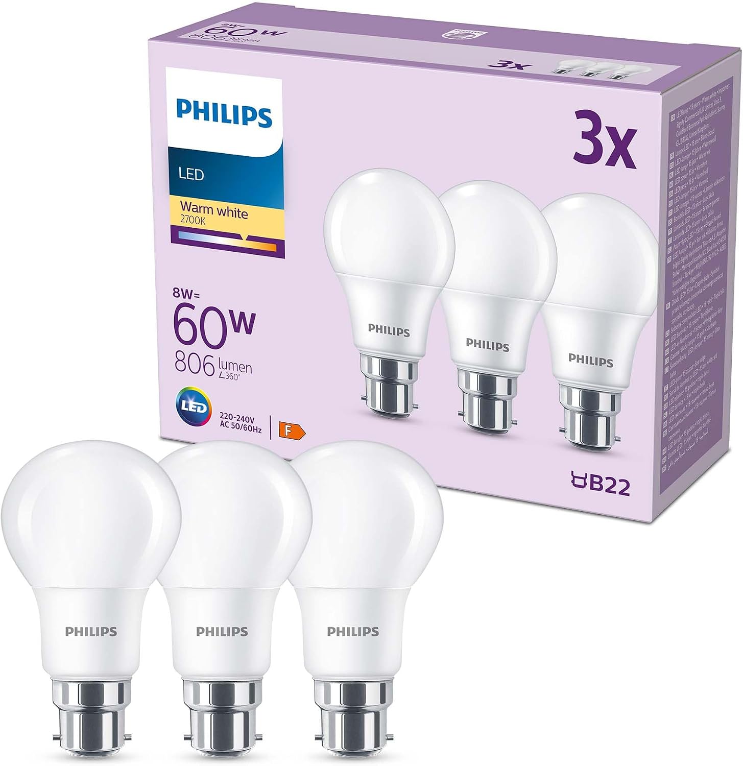 PHILIPS LED Frosted A60 Light Bulb 3 Pack Warm White 2700K - B22 Bayonet Cap 60W, Non Dimmable for Home Indoor Lighting