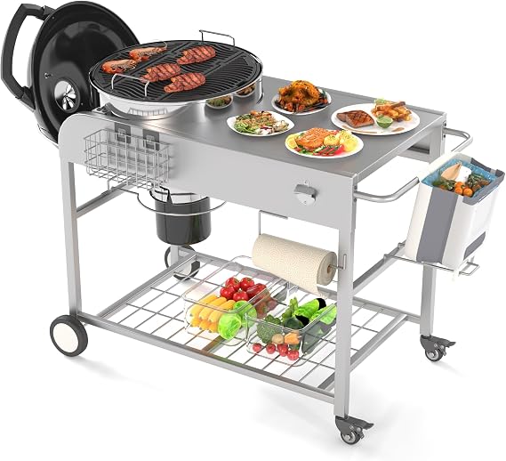 AECOJOY Outdoor Weber Kettle Grill Table Cart for 18" & 22" Original Grill Stand with Wheels, Outdoor Prep Table for Weber Original Kettle,Jumbo Joe