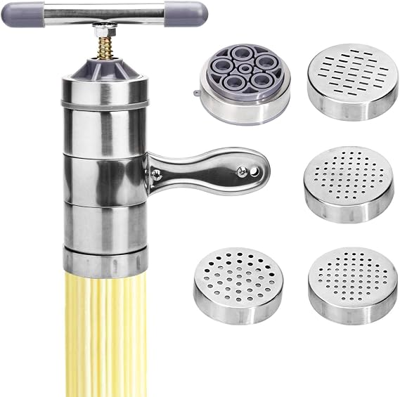 Manual Noodle Pasta Maker Spaghetti Kitchen Tool Stainless Steel Press Machine Press Machine Pasta Maker with 5 Noodle Mould Fruit Juicer Squeezer (18.5x14cm)