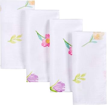 Bunnies at Play Easter Pastel Print White Background Floral Polyester Fabric Tablecloth (Set of 4 Napkins)