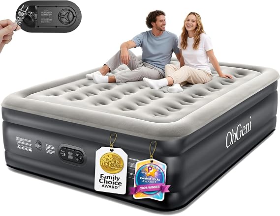 OhGeni Air Mattress Queen with Built in Pump, 18 Raised Inflatable Blow Up Mattress, Upgraded Surface Portable Bed for Home, Camping, Colchone Inflable, Ideal Sleep Solution for Guests, 1-Pack Only