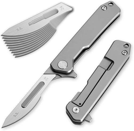 OLITANS T034 Folding scalpel knife, 2.9'' Titanium alloy handle, with 10pcs #24 Stainless Steel Blade, Outdoor EDC for Unpacking