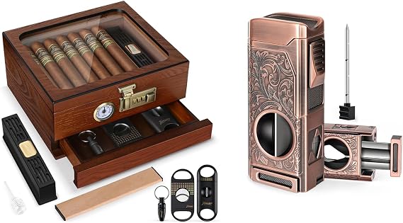 Tesonway Cigar Humidor and Cigar Torch Lighter, Cedar Wood Humidor Cigar Box, 4 Jet Flame Cigar Lighter with V Cut, Butane Not Included, Windproof Refillable Butane Lighter, Cigar Gifts for Men