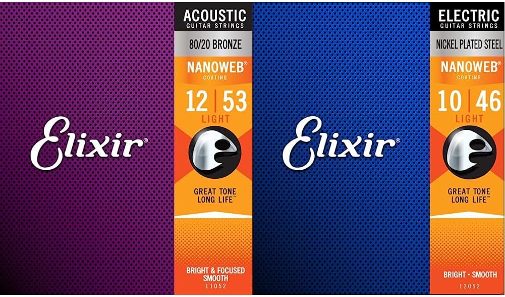 Elixir Strings Nickel Plated Steel Electric Guitar Strings with NANOWEB Coating and 8020 Bronze Acoustic Guitar Strings with NANOWEB Coating