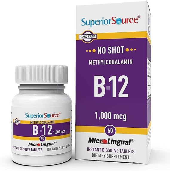 Superior Source No Shot Methylcobalamin B-12 1,000 mcg - Vitamin B-12 to Support Energy Production, Brain Health & Overall Wellness - Sublingual Tablets for Rapid Absorption - 60 Dissolving Tablets | Third-Party Tested Methylcobalamin B-12 Tablets Supporting Fast Energy Production and Brain Health, Non-GMO Formula