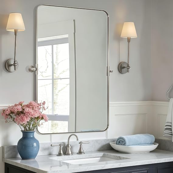 28"x36" Brushed Nickel Pivot Bathroom Mirror, Silver Metal Framed Rounded Rectangular Wall Mirrors, Tilting Beveled Vanity Mirror, Wall-Mounted Mirrors Hangs Vertically Only(Overall 31.75" x 36")