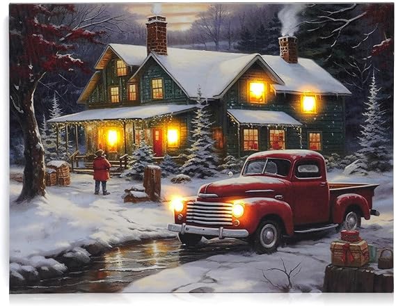 NIKKY HOME 16" x 12" Christmas LED Lighted Canvas Wall Art Prints Light Up Red Truck and House Picture Winter Snow Scene for Holiday Decor