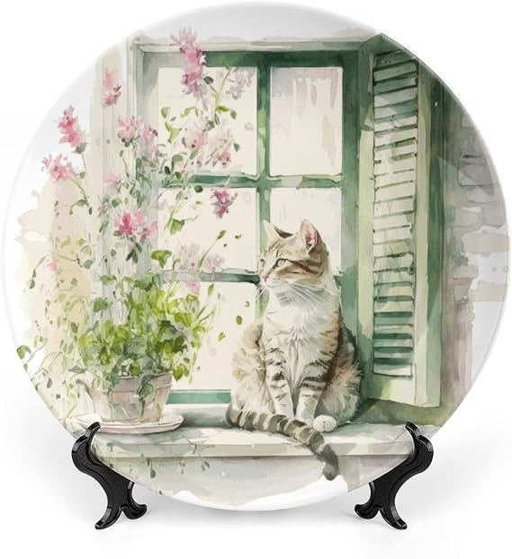 Decorative Plates for Home Decor, Cat on The Window Watercolor Painting Decor Tray for Table Display, Ceramic Dinner Plate w/Stand, Living Room Dining Room Decor, Housewarming Gifts, 20 CM