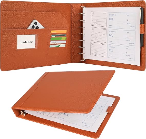 7-Ring Business Check Binder for 9 x 13 Sheets, 600 Checks Capacity PU Leather Portfolio with Storage Organizer & Zippered Pouch for 3-on-a-Page Business Checks