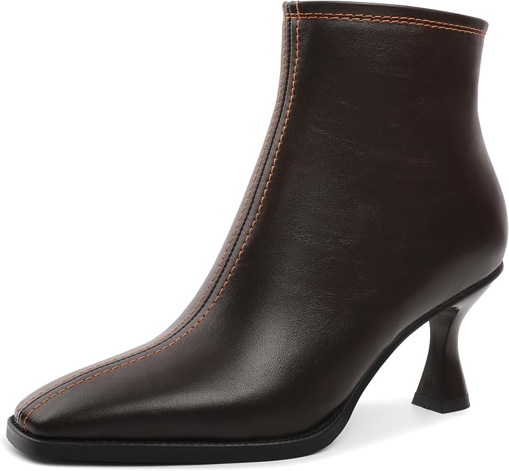 Booties for Women Kitten Mid Heel Square Toe Side Zipper Leather Dress 3 Inches Short Ankle Boot