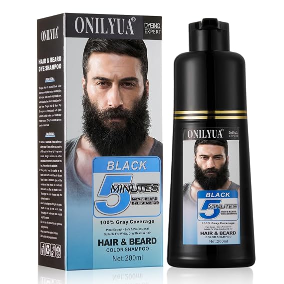 Men's Black Beard Dye Shampoo, 5 Mins Mustache Hair Color Dye Gray Coverage