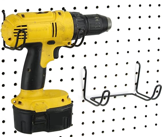 Drill Holder, 2 Pack - Black Steel - Hooks to Pegboard - Organization Accessory for Tool Shed, Garage, Workbench
