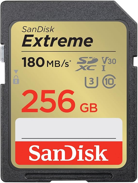 SanDisk 256GB Extreme SDXC card, SD card up to 180MB/s, V30 Memory card, UHS-I, Class, 10, U3, V30, RescuePro Deluxe data recovery software.