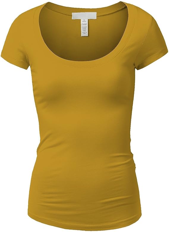 Active Basic Womens Plain Basic Deep Scoop Neck with Cap Short Sleeves - Mustard - Small
