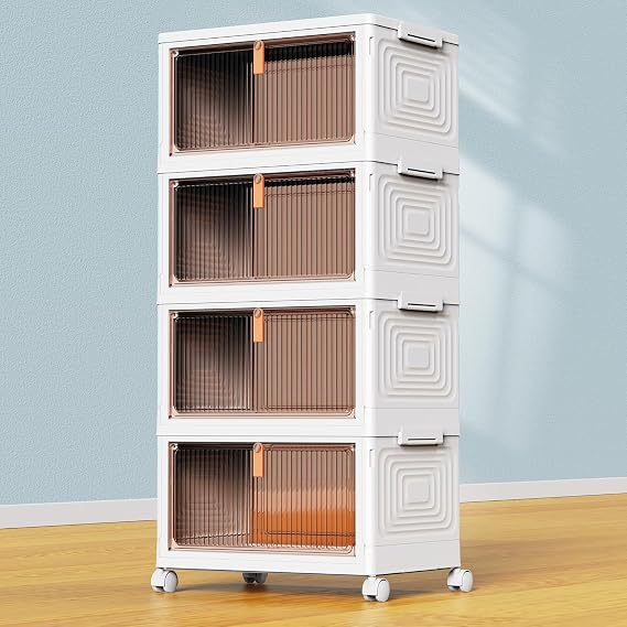 4 Tier Plastic Storage Bins with Lids 23QT, Stackable Storage Containers with Wheels, Folding Storage Boxes, Collapsible Storage Bins, Closet Organizers and Storage for Living Room,Kitchen,Office,Dorm
