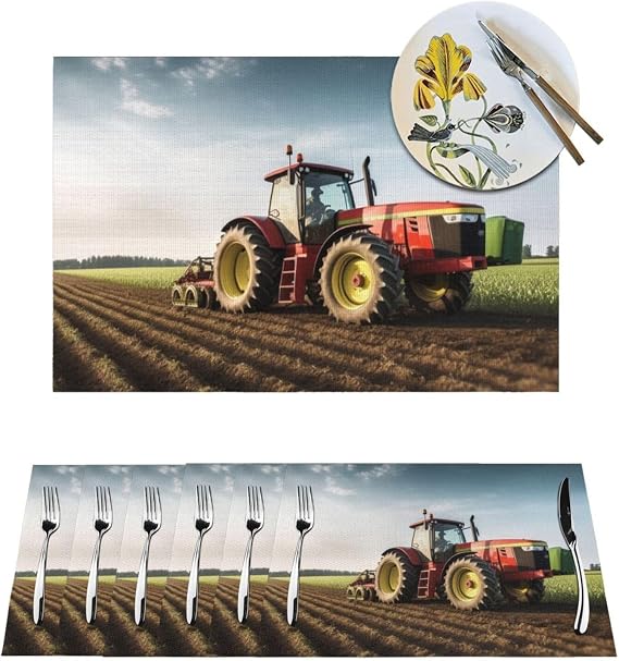 Tractor Farm Vinyl Placemats Set of 4 Pcs, 12x18 Inch Non-Slip Heat Resistant PVC Place Mats Wipeable Washable Table Mats for Kitchen Dining Table Decoration