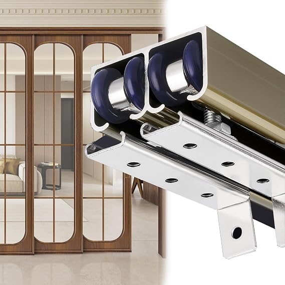 Double Closet Sliding Door Track Kit with Floor Guide and Rollers, 3.3-21.7 ft Heavy Duty Bypass Barn Pocket Door Hardware Kit for Double Door - Ceiling Mounted, Easy to Install(Champagne,1.6m/5.2ft)