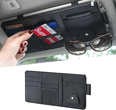UGSHY Pack of 1 Leather Zipper Visor Storage Bag, Multifunctional Pocket Business Card Holder, 11.4In x 5.9In Car Sun Visor Organizer, for Men Women Car Interior Receiving (Black)