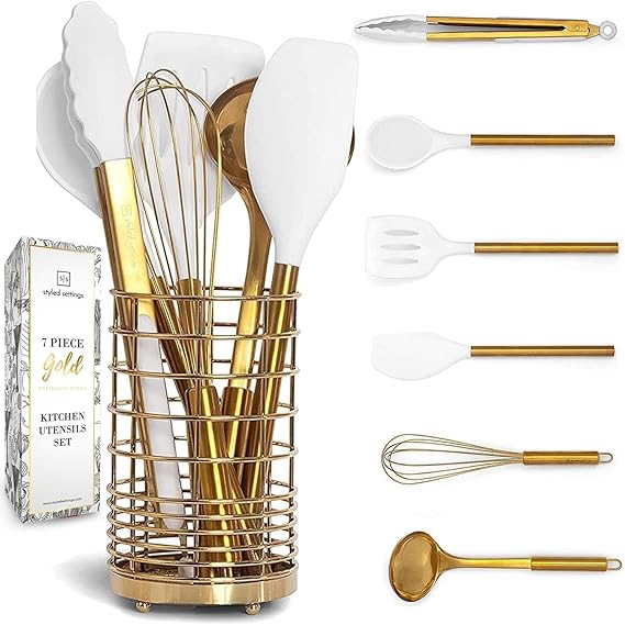 Styled Settings White and Gold Kitchen Utensils Set with Holder, 7-Piece