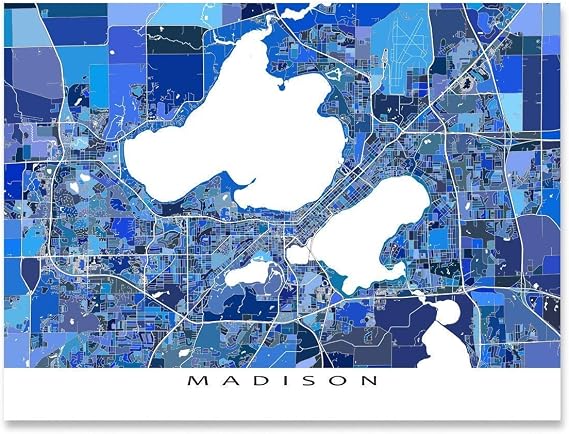 Madison Map Wall Art Print 8x10, Madison Wisconsin Wall Art Poster 24x36, Handmade Blue Geometric Madison WI Art Prints, Madison Gifts by Maps As Art