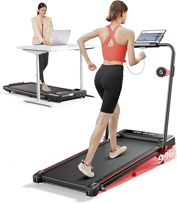 TOPUTURE Walking Pad Treadmill with Incline and Handle, Foldable Treadmills with Dual Display and Mute Control, Under Desk Treadmill for Home with App Bluetooth Folding Walking Pad for Small Space