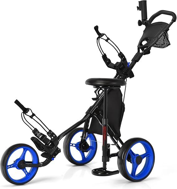 COSTWAY 3 Wheel Golf Push Pull Cart, Lightweight Foldable Golf Trolley with Adjustable Height Handle, Umbrella Stand, Cup Holder and Foot Brake