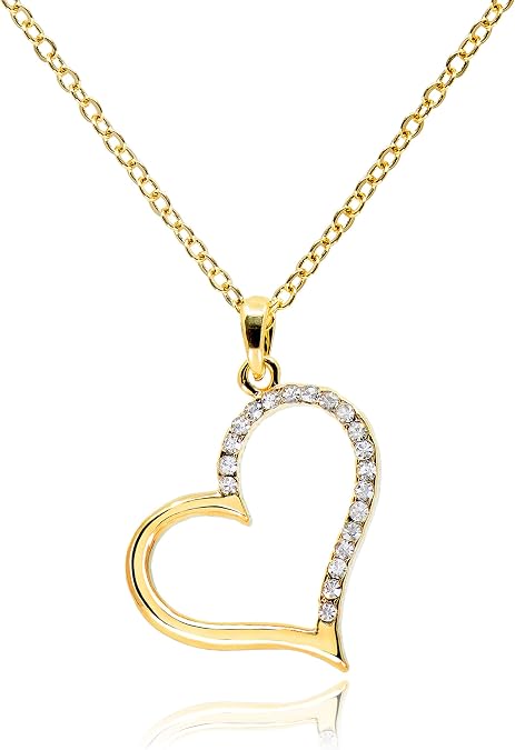 Cubic Zirconia Open Heart Necklace for Women 14K Gold Plated Non Tarnish Wedding Jewelry Sideways Pave Heart Shaped Pendant Necklaces [VHN]