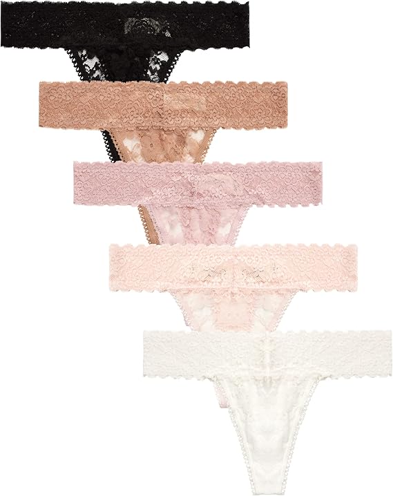 Jessica Simpson Women's Thong Underwear - 5 Pack Microfiber Stretch Lace Panties Soft & Sexy Lingerie for Women
