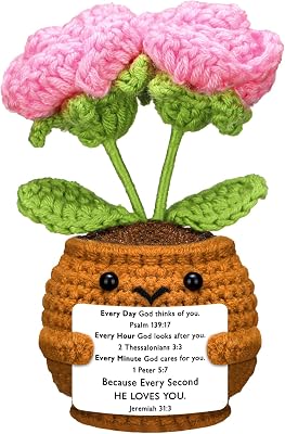 Valentines Day Christian Gift for Women Positive Handmade Crochet Doll with Bible Verse Prayer Card Inspirational Scripture Religious Crochet for Sunday Group ChurchRose Flower