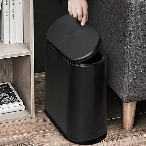 AIFUSI Trash Can, 10 Liter / 2.4 Gallon Plastic Slim Garbage Container Bin with Press Top Lid, White Waste Basket for Kitchen, Bathroom, Living Room, Office, Narrow Place(Black)