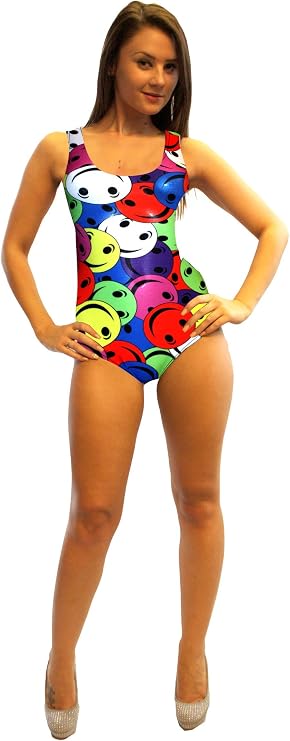 Insanity Womens Smiley Faces Print Swimsuit Bodysuit Leotard